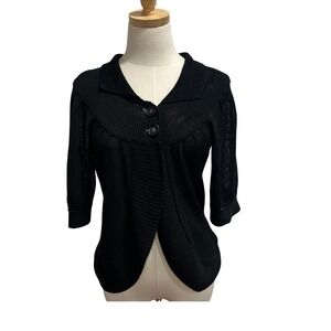 Mexx Womens Black Open Knit 3/4 Sleeve Two Button Cardigan Shrug Sweater Large